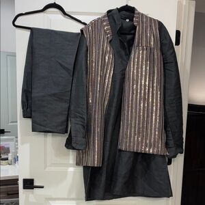 Men’s Charcoal Kurta with Striped Sequin Vest